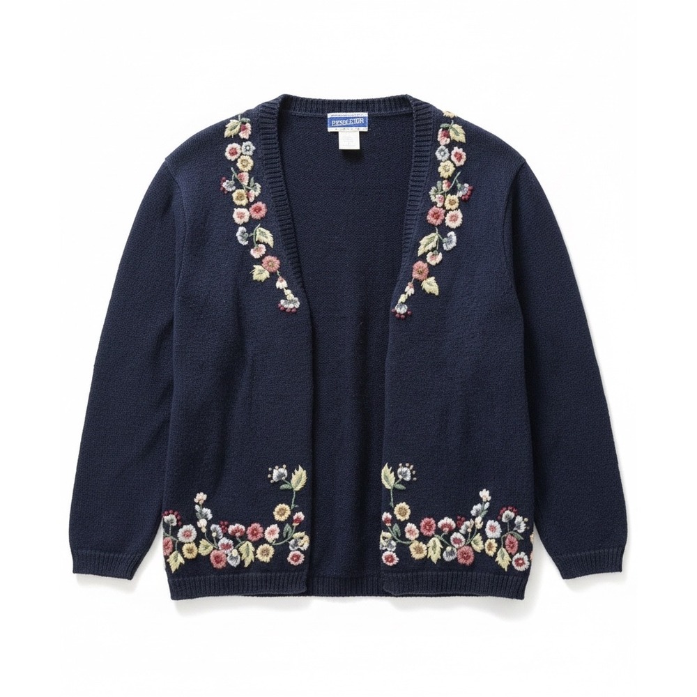 Pendleton Vtg Navy Floral‎ Embroidered Cardigan Sweater Sz S Ramie Blend Cotton